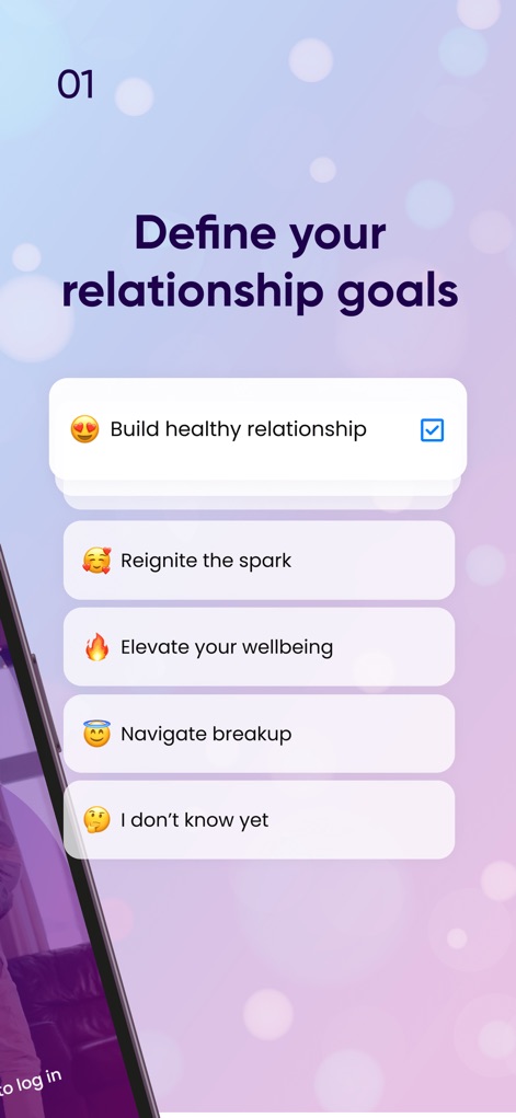 Relatio: Paired Relationship - Users can precisely define their relationship aspirations through a clear selection interface, ranging from building healthy connections to navigating a breakup.