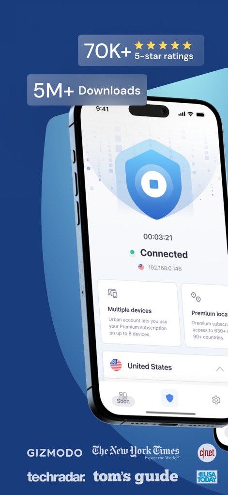 Urban VPN - Il pannello di controllo evidenzia lo stato di connessione 'Connected', assicurando gli utenti in tempo reale, mentre il riconoscimento dell'app è sottolineato dai loghi media visibili in basso.