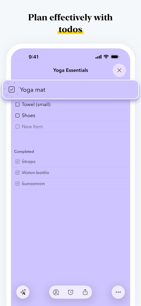 Notebook – Notes, Notepad - O aplicativo permite a criação de 'Note Cards' de checklist, onde os usuários podem acompanhar tarefas marcando itens como 'Yoga mat' e 'Water bottle', garantindo o cumprimento de suas atividades.