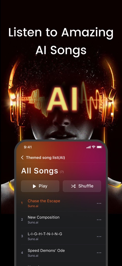 Headphones & Speaker connect + - 앱은 'AI 테마곡 목록' 화면을 통해 인공지능이 생성한 독특한 음악을 제공하며, 사용자는 '재생 및 셔플' 버튼으로 새로운 사운드를 탐색할 수 있습니다.