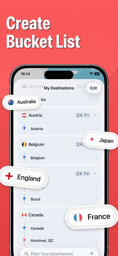 Pin Traveler: Track Travel Map - Explore the seamless process of building a travel bucket list, allowing users to view 'My Destinations' and easily 'Add' new countries or cities they aspire to visit.