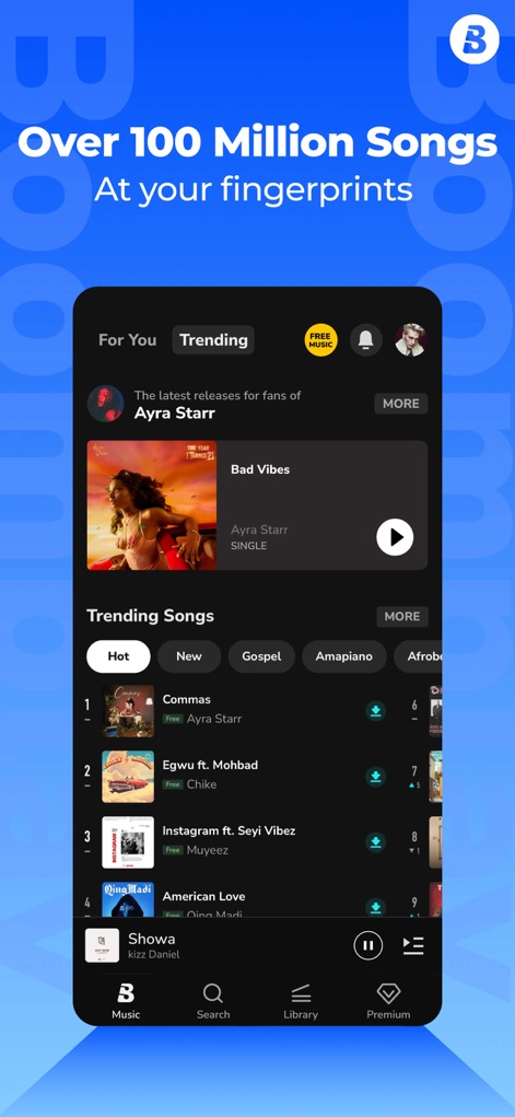 Boomplay Lite：Music Player Pro - See how the app's intuitive interface organizes trending songs by genre and offers an instant play button for immediate listening.