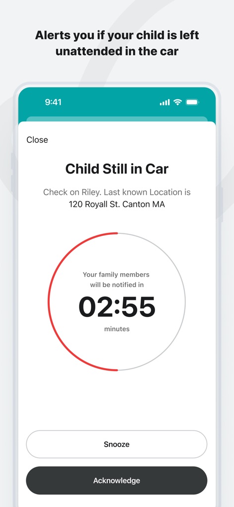 Evenflo - Users receive critical alerts if a child is left unattended, featuring a prominent countdown timer and options to Snooze or Acknowledge the notification.