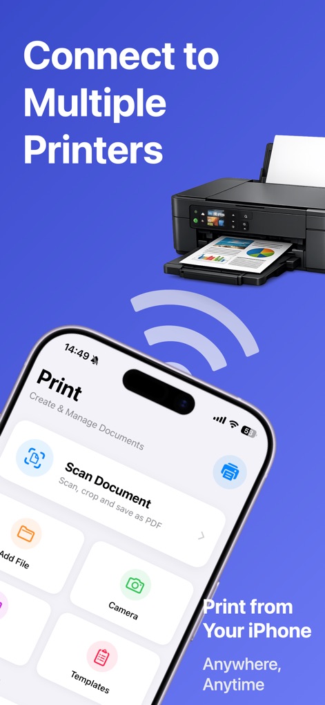Smart Printer App : Scan - Explore the app's intuitive main interface, showcasing the prominent "Scan Document" option and seamless wireless printer connection capabilities.