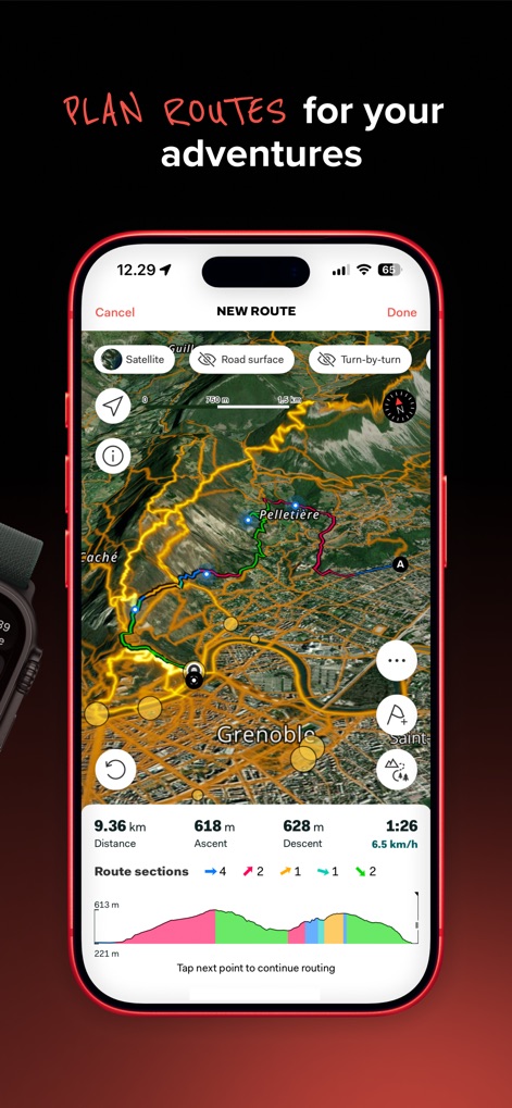 Sports Tracker: Run Bike Hike - La herramienta facilita la creación de nuevas rutas con vistas detalladas del terreno y datos de distancia y desnivel, como se aprecia en el mapa de Grenoble.