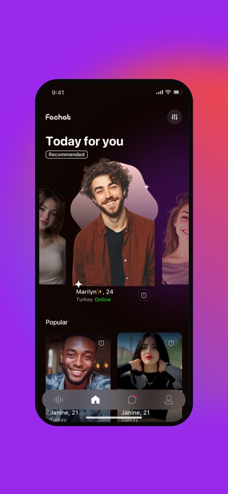 Fachat: Chat & Community - Explore the app's 'Recommended' feed for tailored voice cards and browse 'Popular' profiles to find new connections effortlessly.
