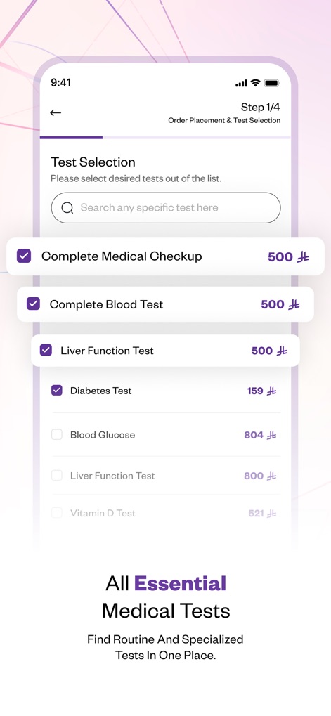 Wareed Labs | مختبرات وريد - Examine the intuitive test selection interface, allowing users to easily choose between routine checkups and specialized diagnostic tests.