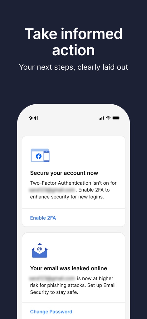 Guardio - Mobile Security - The app provides clear guidance on how to fix issues, offering prompts like 'Enable 2FA' for account security and a 'Change Password' option for leaked emails.