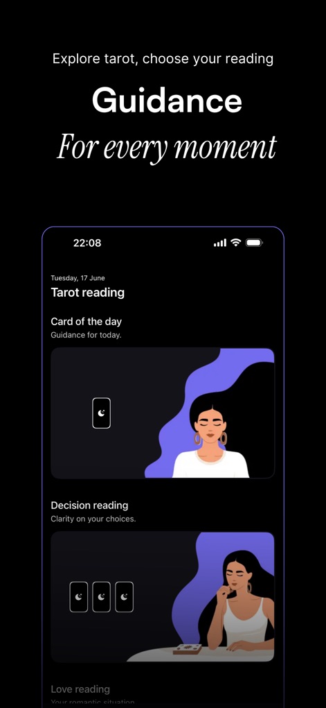 Orion – Horoscope & Tarot - En esta imagen, la aplicación exhibe sus diversas lecturas de tarot, mostrando las diferentes lecturas de tarot disponibles como 'Carta del día' y 'Lectura de decisión', y la visualización de las cartas en la pantalla.