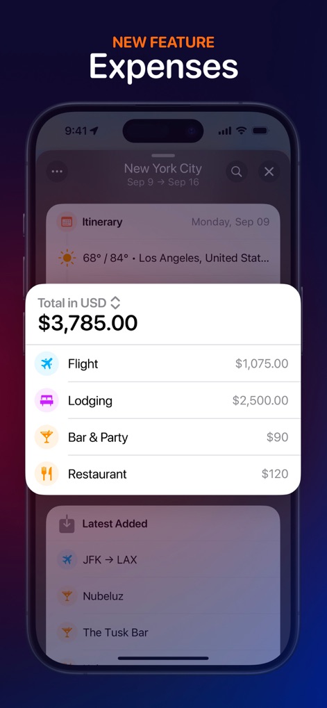Tripsy: Travel Planner - Witness the integrated expense tracker where users can monitor a "Total in USD" and break down costs by categories like "Flight" and "Lodging," ensuring budget control.