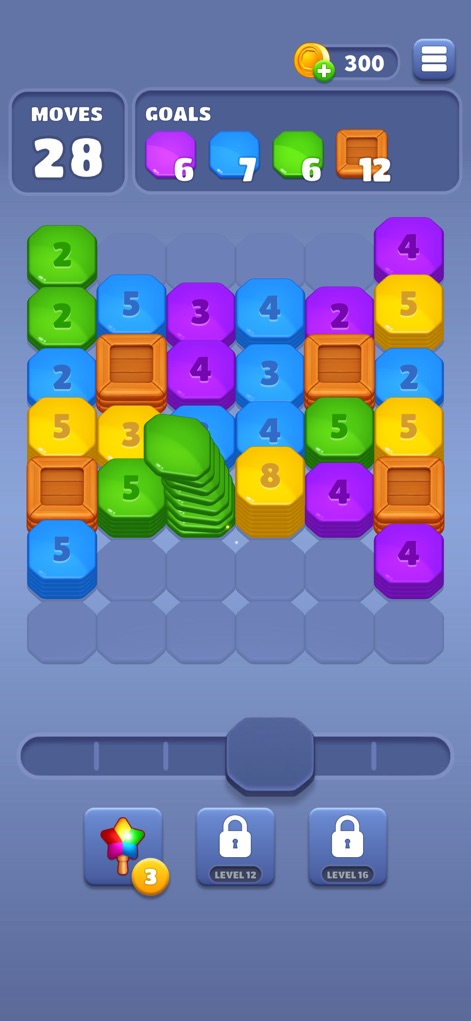 Throw Blocks! - Observe the full strategic grid, featuring varied numbered blocks and distinct wooden box elements that challenge player planning.