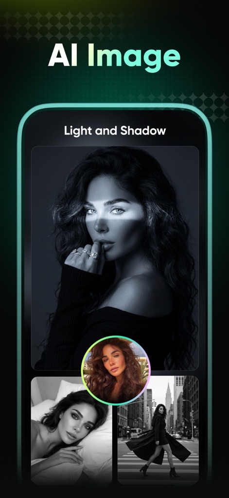 Guma-AI Photo Video Editor - Witness the powerful AI Image features that transform visuals with "dramatic lighting effects" and produce a striking "black and white portrait" with artistic depth.