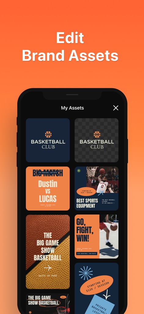 Boon: AI Logo Maker & Design - Die Ansicht 'My Assets' zeigt eine organisierte Sammlung von Markenressourcen, von Basketball-Club-Logos bis hin zu spezifischen Event-Ankündigungen, die zur Wiederverwendung bereitstehen.
