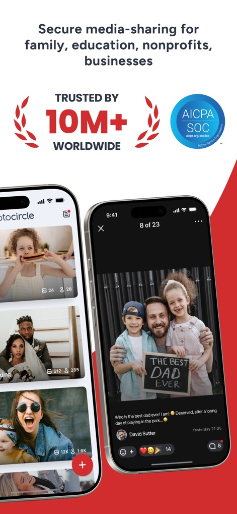 PhotoCircle - PhotoCircle è uno strumento affidabile per la condivisione multimediale, come evidenziato dal badge "Trusted by 10M+ Worldwide" e dalla certificazione "AICPA SOC".