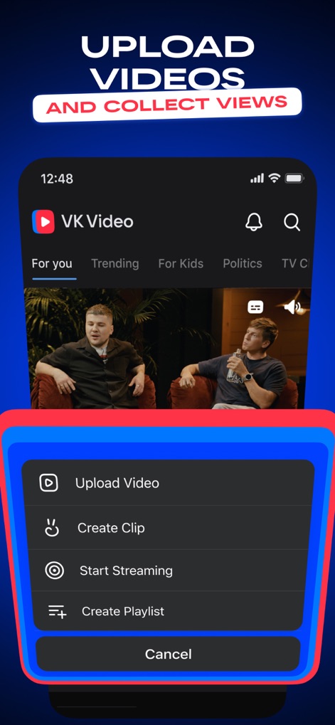 VK Video: shows, films, series - Les utilisateurs peuvent devenir créateurs de contenu grâce aux options d'upload de vidéos et de démarrage de diffusions en direct, comme visible dans le menu contextuel, et même organiser leurs créations via la fonction "Create Playlist".