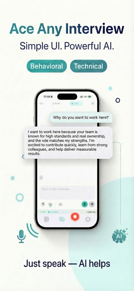 Interview AI Copilot: IT Buddy - A tela principal do aplicativo mostra uma interação por voz, com uma pergunta do entrevistador e uma resposta detalhada gerada por IA para auxiliar em questões comportamentais.