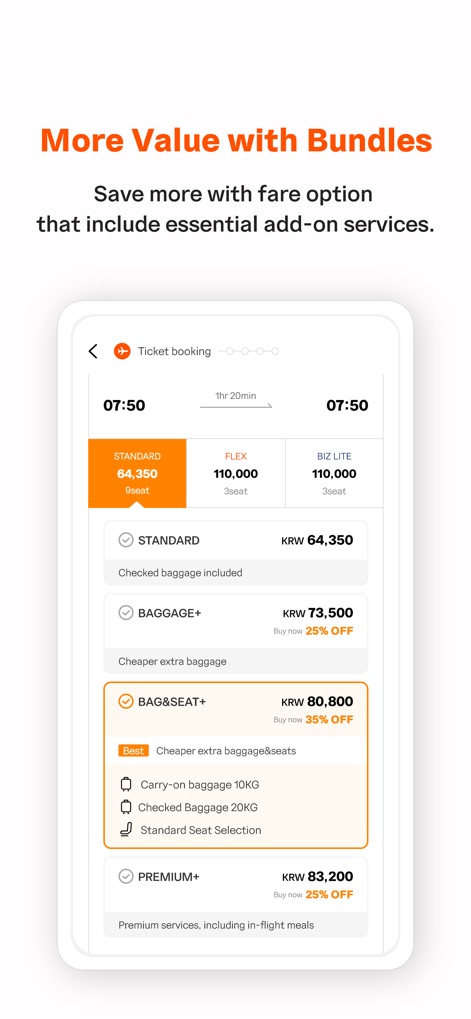 Jeju air - The app presents clear fare options like Standard and Flex, allowing users to select value-packed bundles that include services like extra baggage and seat selection.