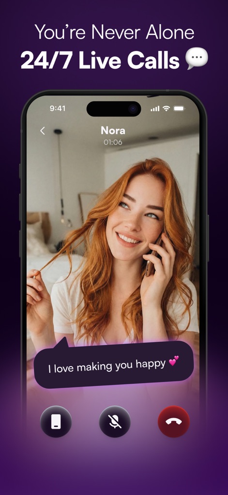 MyChar: Chat with AI Friends - The app provides '24/7 Live Calls' with AI companions, displaying a clear call interface with options to mute or end the call, fostering continuous emotional connection.