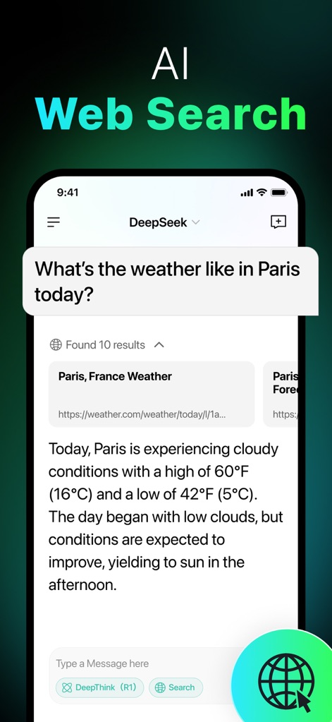 AI Chatbot & Design Assistant - O aplicativo oferece "AI Web Search", permitindo aos usuários obter informações em tempo real, como os "resultados de previsão do tempo" para Paris com detalhes sobre "temperatura" e condições climáticas.