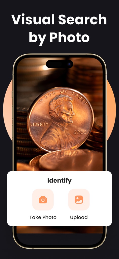 CoinIn: Coin Scan Identifier - La aplicación permite la identificación mediante búsqueda visual, ofreciendo la opción de "Tomar Foto" al momento o "Cargar" una imagen desde la galería, simplificando el proceso.