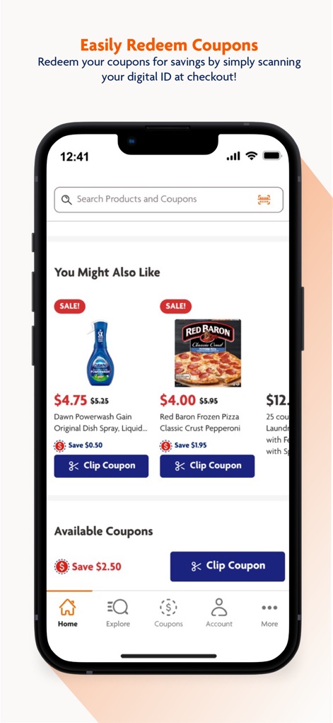 Family Dollar - Gli utenti possono sfogliare offerte con sconti immediati, come "Dawn Powerwash Gain" e "Red Baron Frozen Pizza", e attivare i coupon tramite il pulsante "Clip Coupon".
