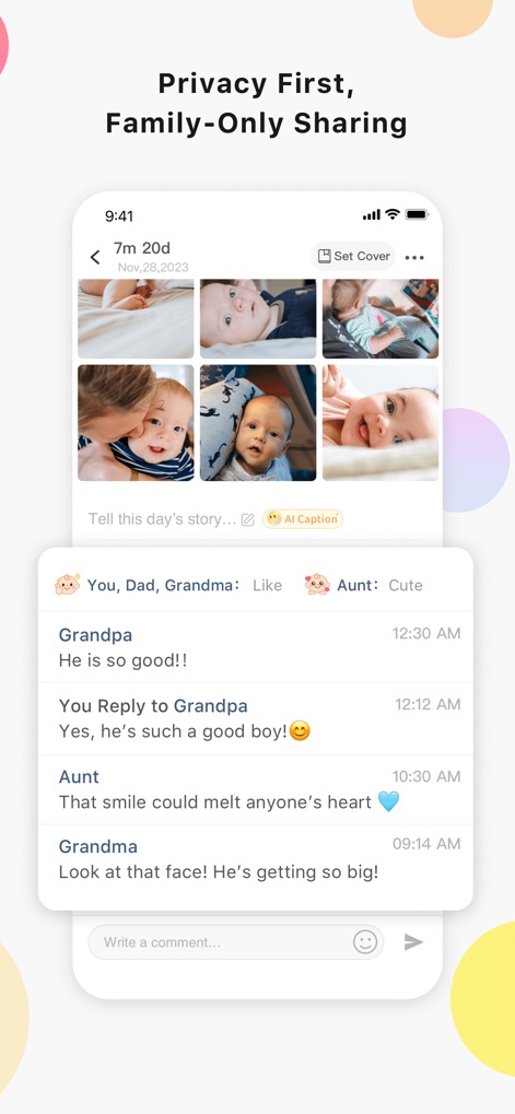 TimeHut - Baby Album - Understand the app's commitment to privacy and family interaction through the secure 'family comment section' and the innovative 'AI Caption' button.
