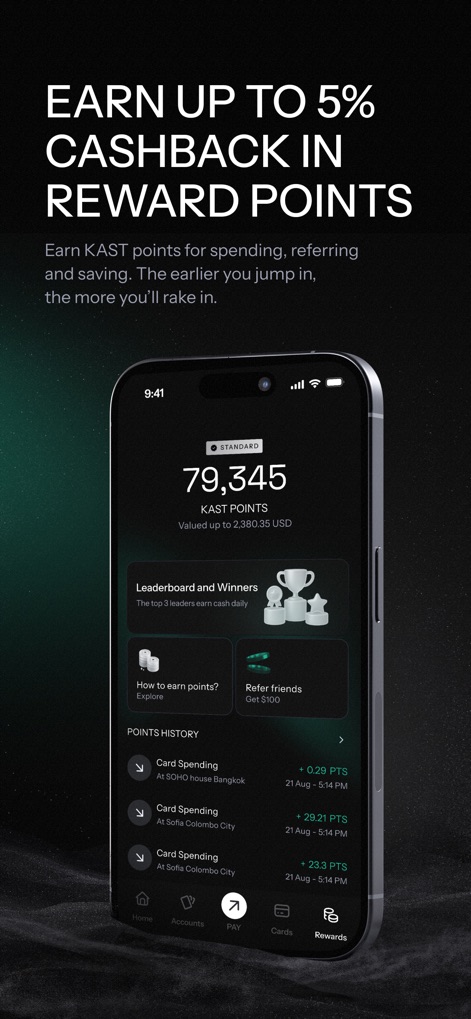 KAST Finance - L'application met en évidence le total des "KAST POINTS" accumulés et propose un "historique des points" détaillé pour suivre les gains.