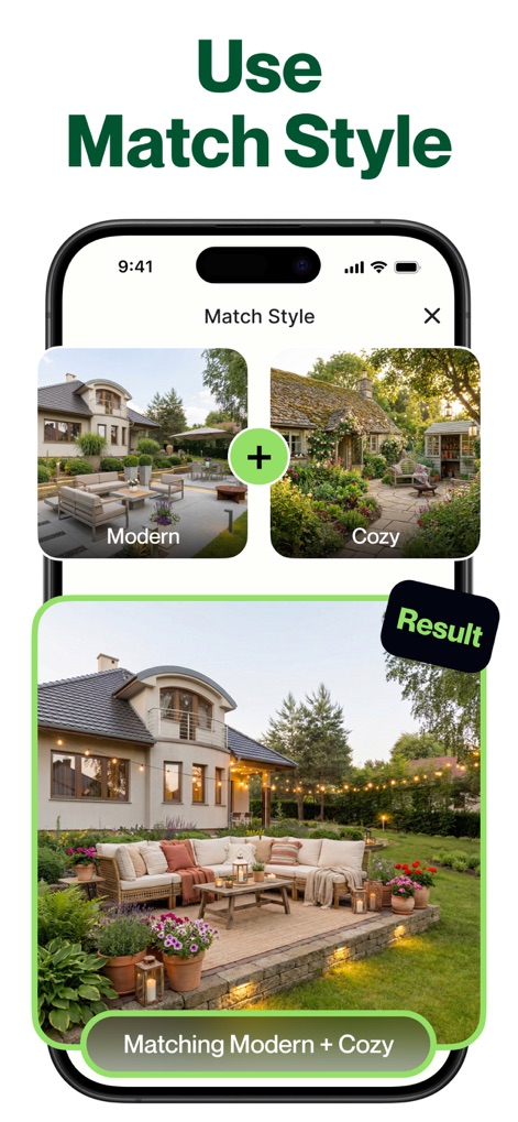 AI Garden Design: Landscape AI - Discover the app's unique 'Match Style' functionality, which enables the seamless combination of distinct design aesthetics like Modern and Cozy for truly personalized results.