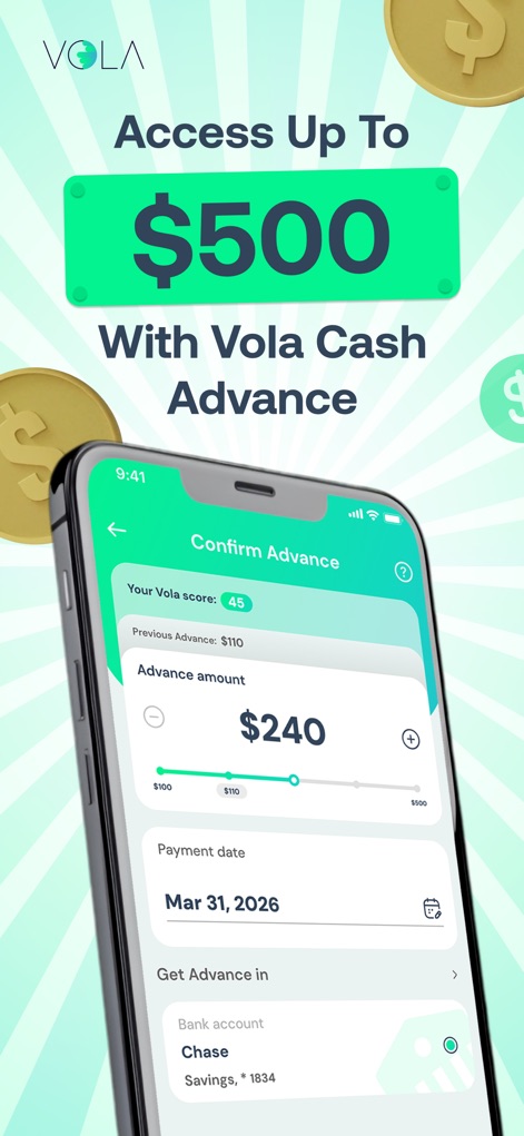 Vola: Cash Advance & Credit - Users can easily adjust their cash advance amount using the intuitive slider and confirm the payment date, ensuring their bank account details are correct for a smooth transaction.