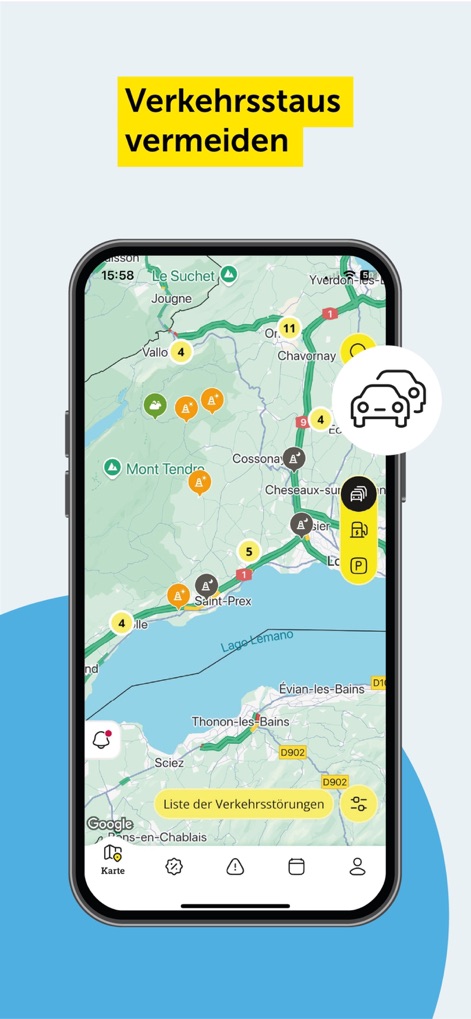 TCS - Touring Club Schweiz - Users can navigate congested routes and view real-time traffic incidents displayed directly on the interactive map interface.