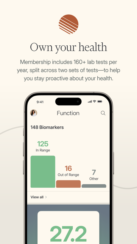 Function Health App Store screenshot 1, headline “Own your health”. Serif headline.