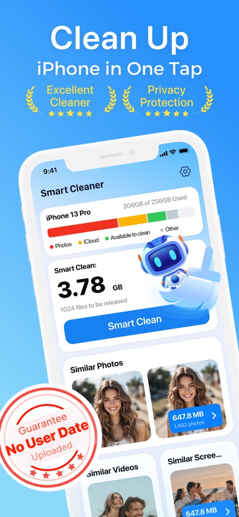 Smart Cleaner: AI Clean Up - See how the app's intuitive dashboard provides a clear overview of storage usage with a dynamic progress bar and highlights the total files ready for instant cleaning.