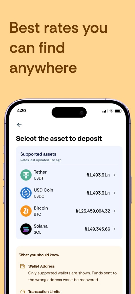 Xebar: Crypto to Cash in 60s - Cet écran affiche les taux de conversion en temps réel pour des cryptos populaires comme le Tether (USDT) et le Bitcoin (BTC), assurant les meilleures valeurs pour chaque transaction.