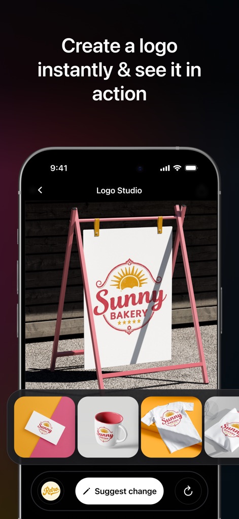 AI Chatbot: Pixi - Users can instantly create logos in the Logo Studio and visualize them across various mockups like a business card or a t-shirt for practical application.