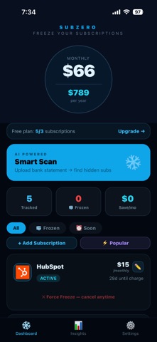 Subzero — Freeze Subscriptions screenshot