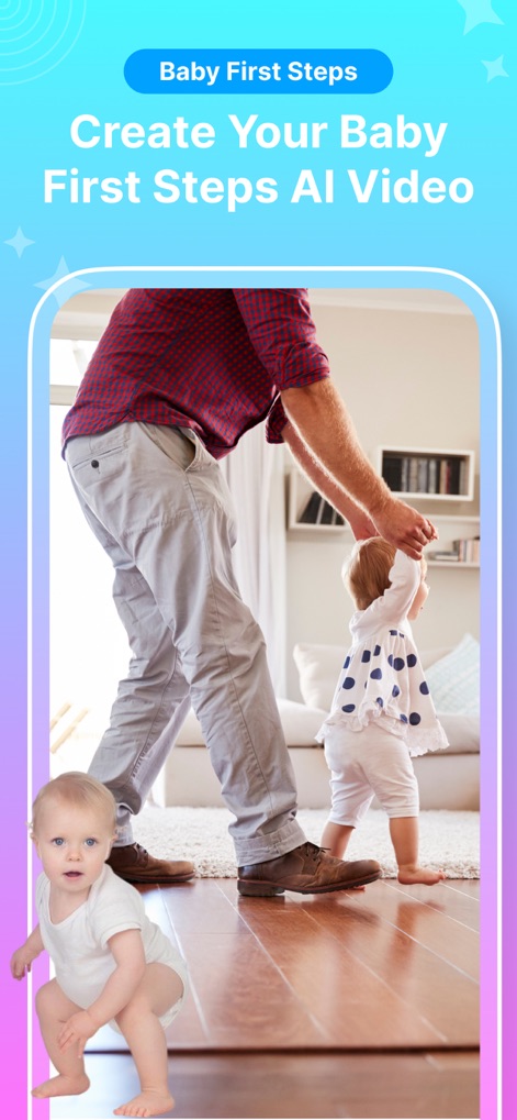 AI Baby Generator Baby Blend - Users can "Create Your Baby First Steps AI Video," visualizing a child's milestone moment with an adult's guidance.