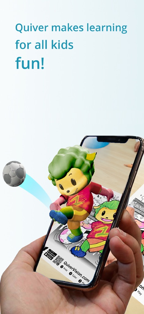 Quiver - 3D Coloring App - See how colored artwork leaps from the page, featuring an engaging 3D animated character and an interactive soccer ball for playful engagement.