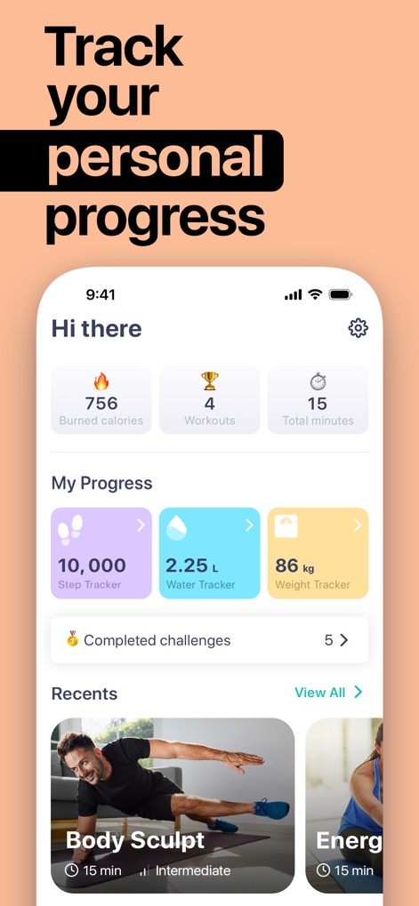 Home Workout Planner, Tracker - Los usuarios pueden monitorear su progreso a través de métricas claras, como las "Burned calories" y los desafíos completados, junto con un "Step Tracker" integrado.