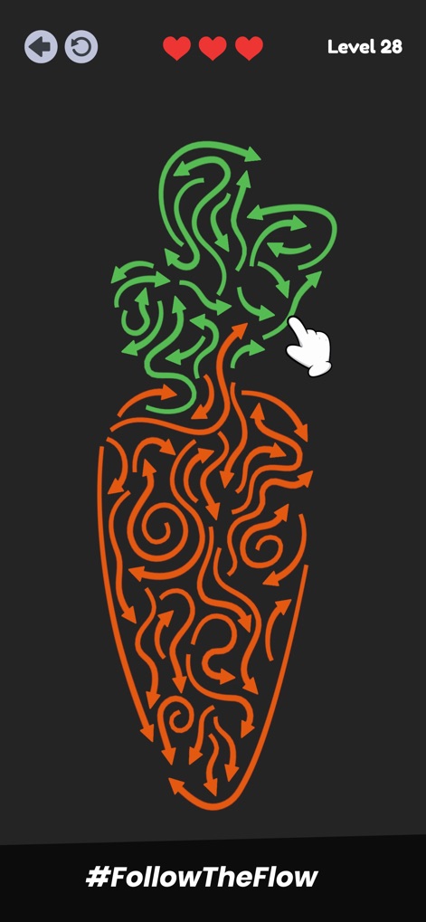 Arrow Fever: Tap Out Puzzle - 이 스크린샷은 초록색 잎 부분과 주황색 몸통으로 나뉜 당근 형태의 퍼즐을 보여주며, 복잡성이 증가하는 해결 과정을 암시합니다.