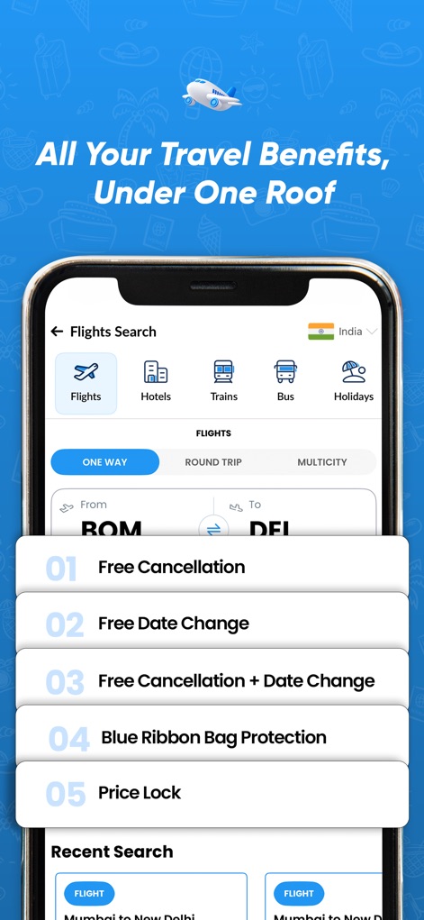 EaseMyTrip Flight, Hotel, Bus - This view illustrates the app's commitment to flexibility, offering features like "Free Cancellation" and "Price Lock" directly within the flight booking process.
