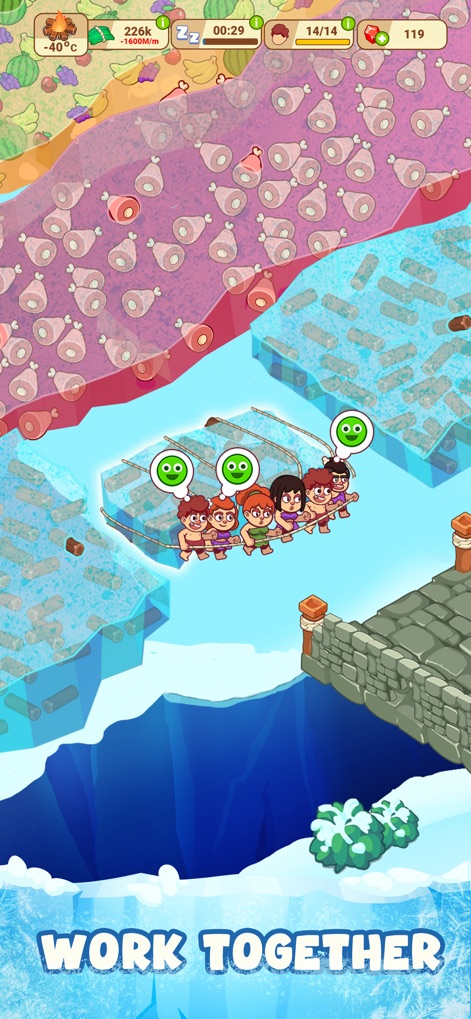 Icy Village: Survival Idle - Questo screenshot illustra il potere del lavoro di squadra, dove più personaggi collaborano per costruire un ponte di ghiaccio e mostrano icone di felicità.