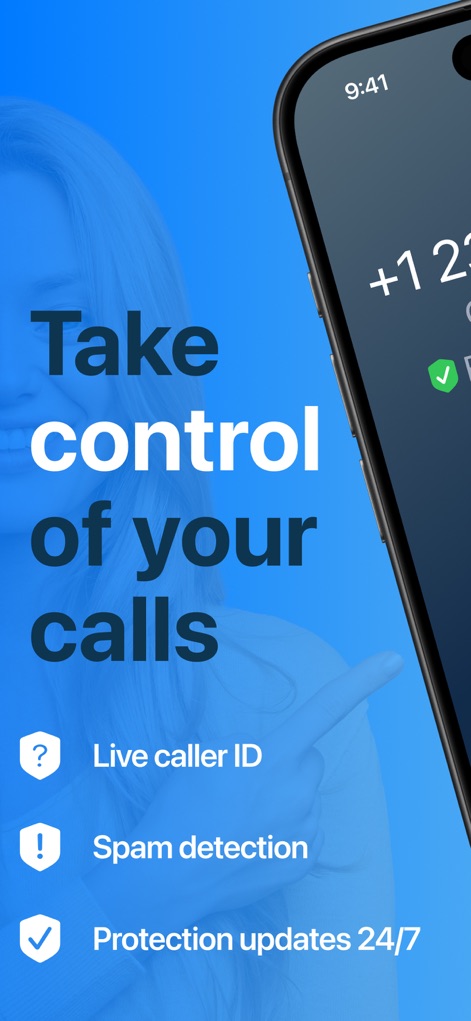 CallApp - Esta captura enfatiza el empoderamiento del usuario con la frase "Take control of your calls" y destaca tres características clave: "Live caller ID", "Spam detection" y "Protection updates 24/7".