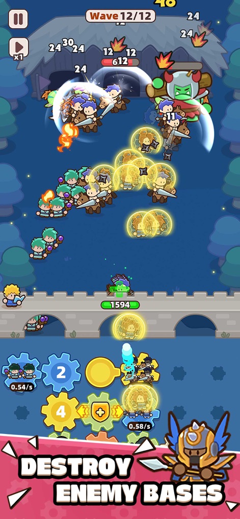 Gear Defenders - Observe forces advancing to destroy enemy structures and the visual effects of successful attacks.