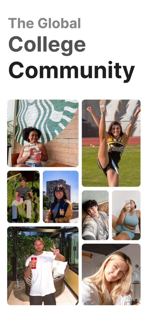 Umatch: Match, Chat & Meet - This screenshot highlights the app's vibrant user base, showcasing diverse individuals and the overarching 'The Global College Community' theme.