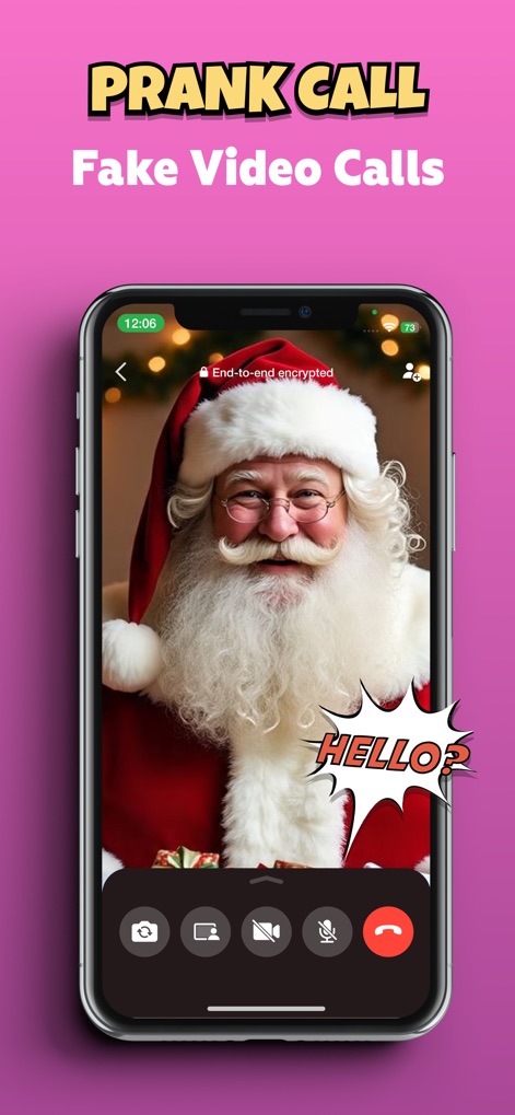 Prank - Funny Sounds,Simulator - この機能は、サンタクロースからの着信を模倣した偽ビデオ通話画面と、エンドツーエンド暗号化の表示で、ユーザーが友人を驚かせるシミュレーションを可能にします。
