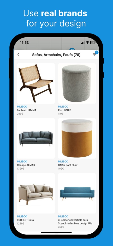 HomeByMe - House Planner 3D - The app offers an extensive catalog of real-brand furniture, allowing users to browse and select from a variety of sofas and armchairs for their designs.