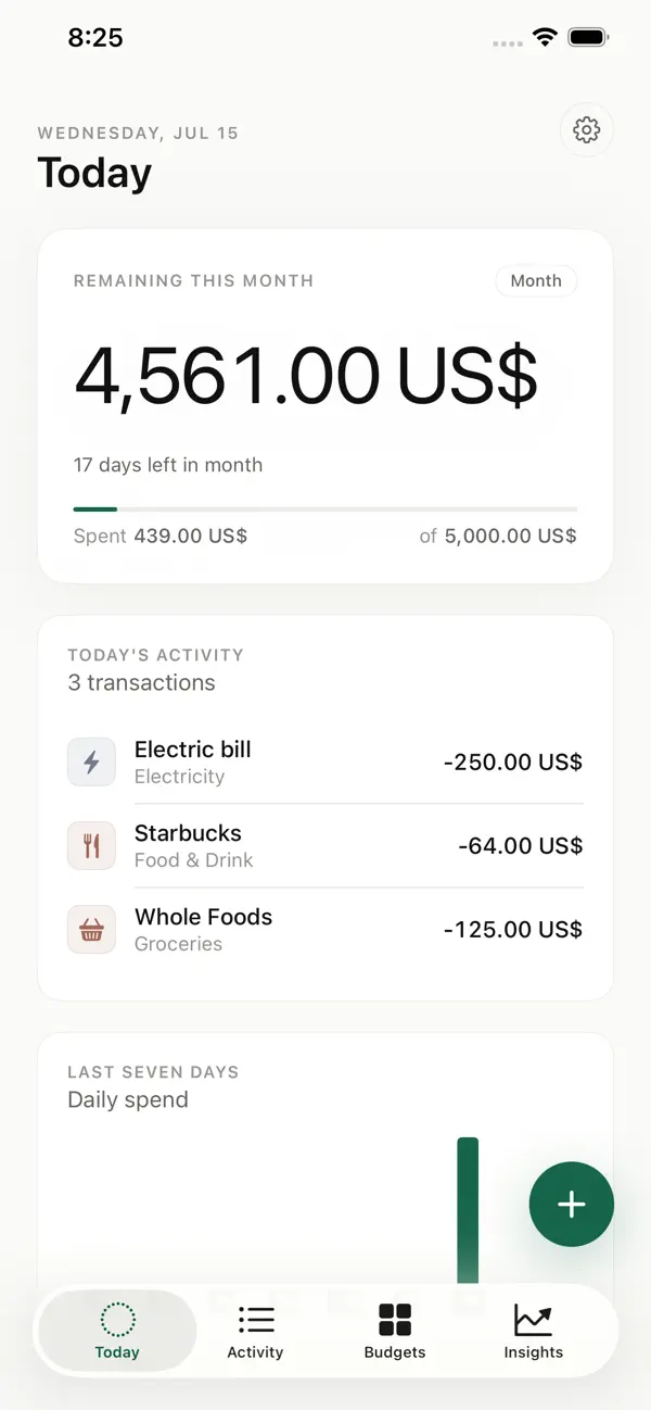 Jot monthly budget screen showing remaining money and recent activity
