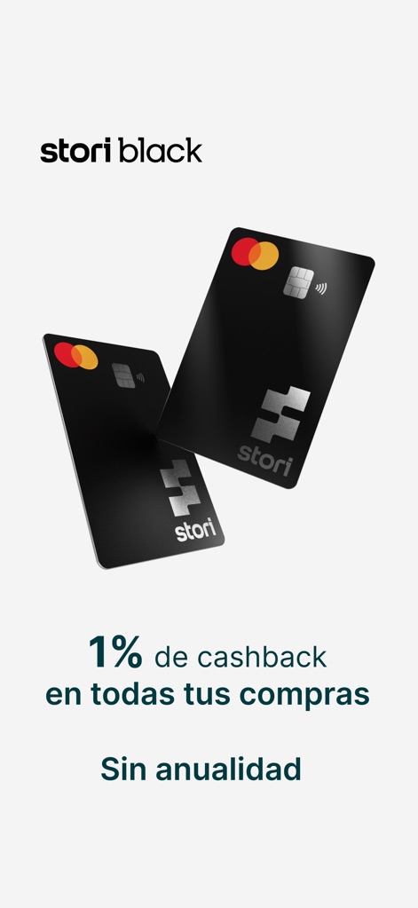 Stori - Crédito y Ahorro - The app introduces the premium "Stori Black credit card", prominently displaying its "1% cashback" feature and elegant dark aesthetic.