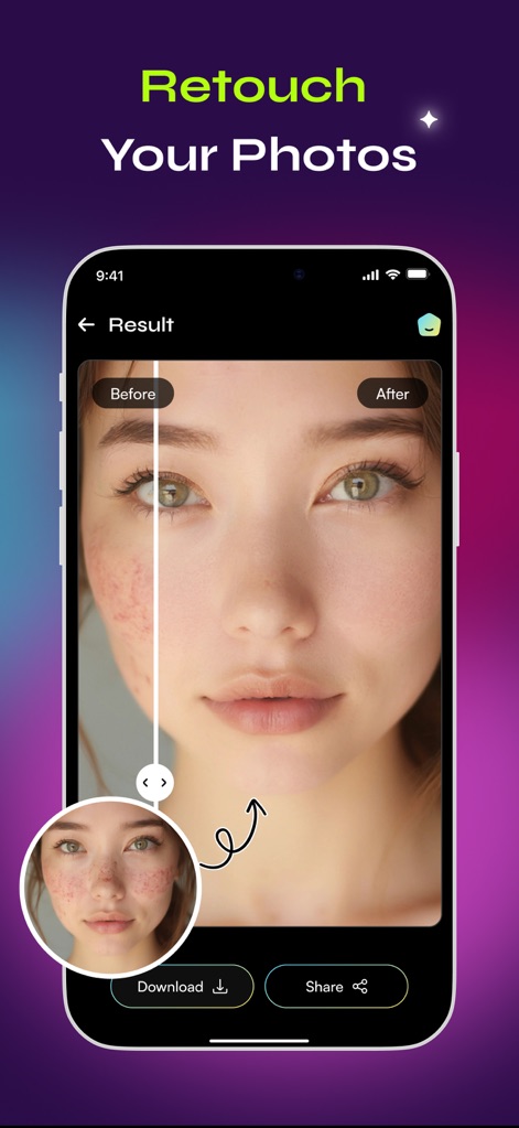 AIPhoto: Image Video Generator - Experimente a ferramenta de retoque avançada que suaviza imperfeições, exibindo uma prévia circular do rosto original e a função de deslizar para ver o resultado final.