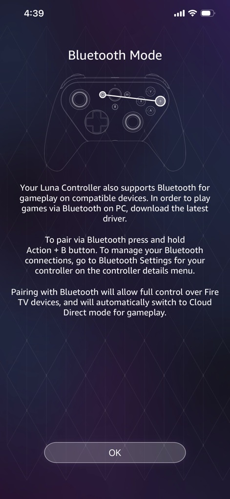 Luna Controller - L'applicazione mostra la flessibilità della "Bluetooth Mode" attraverso un diagramma esplicativo del controller e fornisce istruzioni dettagliate per l'abbinamento, inclusa la combinazione di tasti "Action + B".